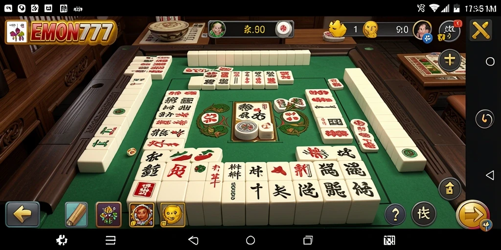 Screenshot gameplay EMON777 menampilkan koleksi ubin Mahjong yang berwarna-warni.