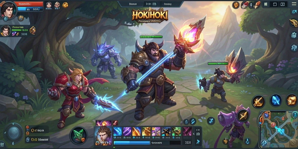 Screenshot gameplay HOKIHOKI menampilkan pertempuran epik dan petualangan seru.