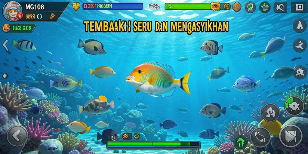 Gameplay seru MG108 menunjukkan aksi menembak ikan yang seru.