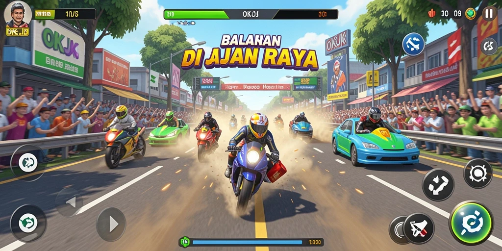 Screenshot menampilkan balapan seru di jalan raya dengan mobil kece.