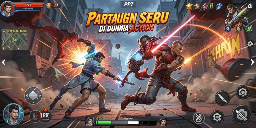 Tangkapan layar utama PP7 menampilkan aksi seru dan grafis menawan.