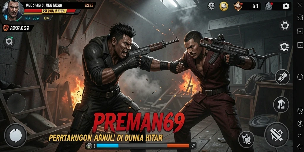 Tampilan aksi bertarung yang mendebarkan dari PREMAN69.