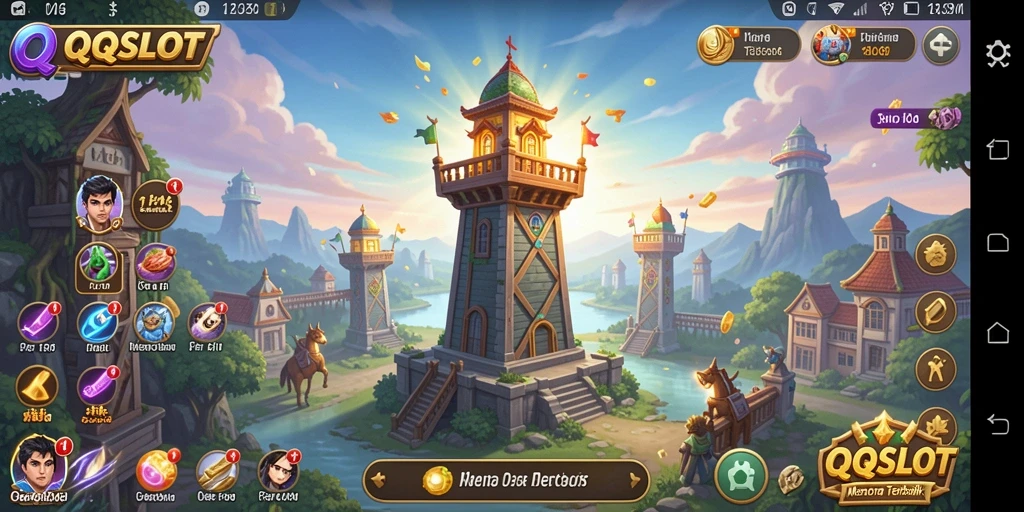 Screenshot gameplay QQSLOT menampilkan strategi menara bertahan.